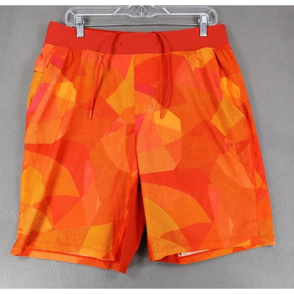 Lululemon T.H.E. Shorts Orange Print Linerless 9" Mens Size L Geometric Zip - Picture 1 of 6